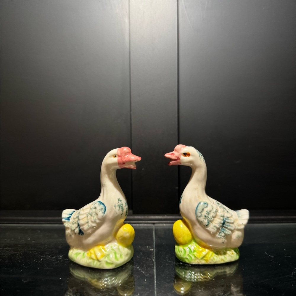 Ceramic Goose Figurines/Shakers with Pink and Yellow Accents